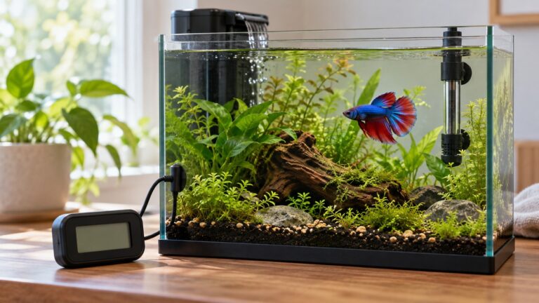 A small unbranded digital aquarium thermometer beside a planted five-gallon betta tank with heater and filter.