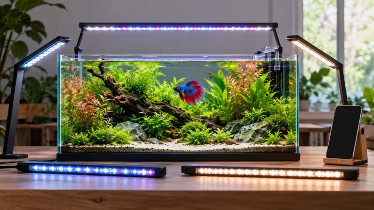 Slim full-spectrum LED aquarium lights are arranged around a bright planted betta tank.
