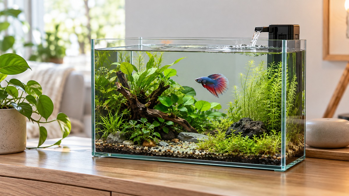 A small, planted betta tank with a slim filter outlet creating a gentle ripple at the surface.