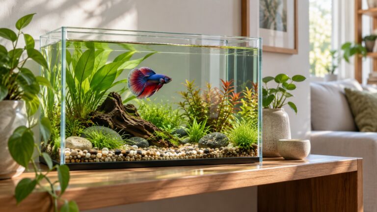 A clean living room shelf with a clear 5-gallon betta tank, a plant and soft light.