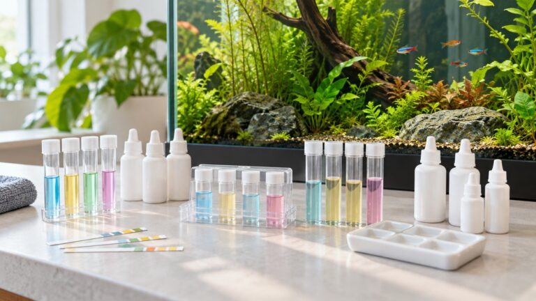Aquarium water testing supplies and sample tubes sit beside a freshwater fish tank.