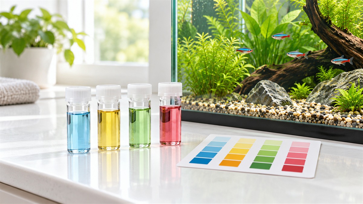 A set of small glass test vials and a color chart on a white counter beside a clear freshwater tank.