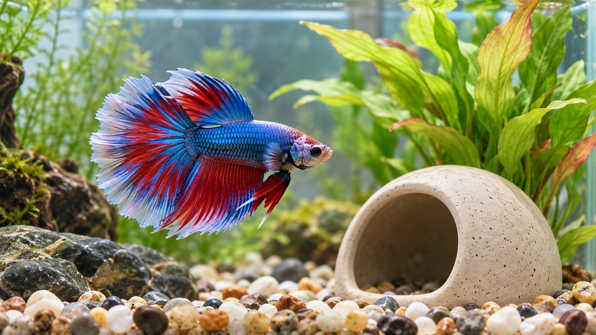 A betta swimming past a smooth ceramic cave and a soft silk plant in a clear tank, soft daylight.