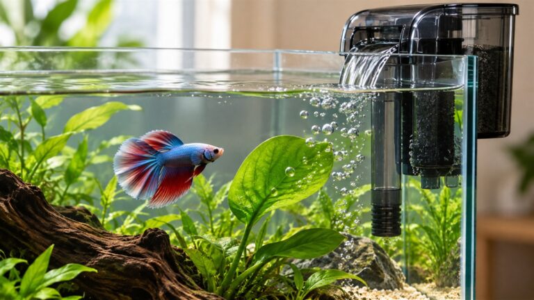 A gentle hang-on filter in a small betta tank, with a thin stream of bubbles rising beside a leaf.