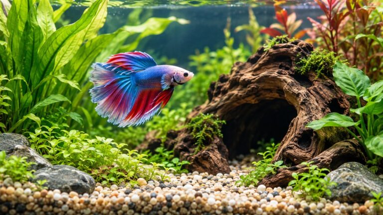 A silk plant and driftwood-style cave sitting on gravel in a betta tank, with a betta swimming through its open side.