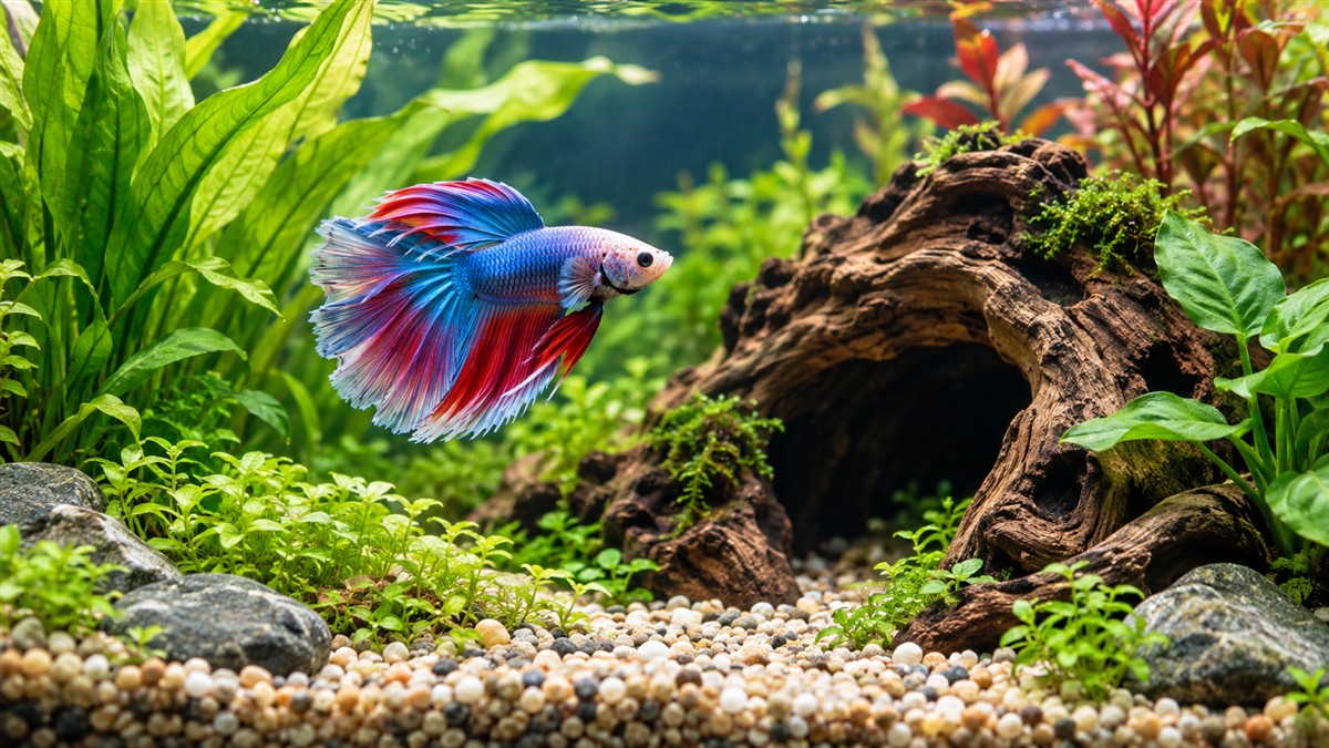 A silk plant and driftwood-style cave sitting on gravel in a betta tank, with a betta swimming through its open side.