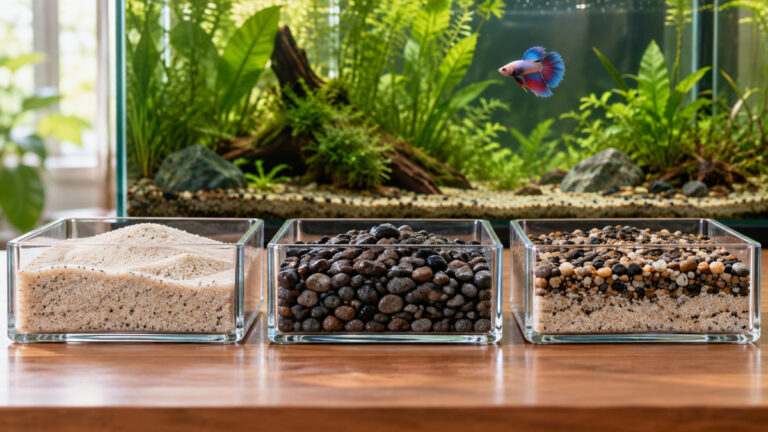 Sand gravel and a layered substrate mix compared beside a planted betta aquarium.