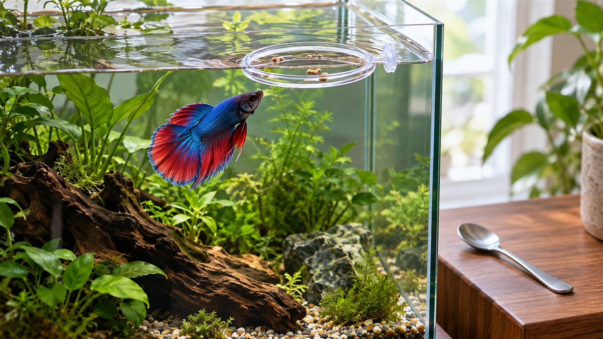 A round clear feeding ring floating near the surface of a five-gallon betta tank, with a few pellets resting inside it and a small spoon beside the stand.