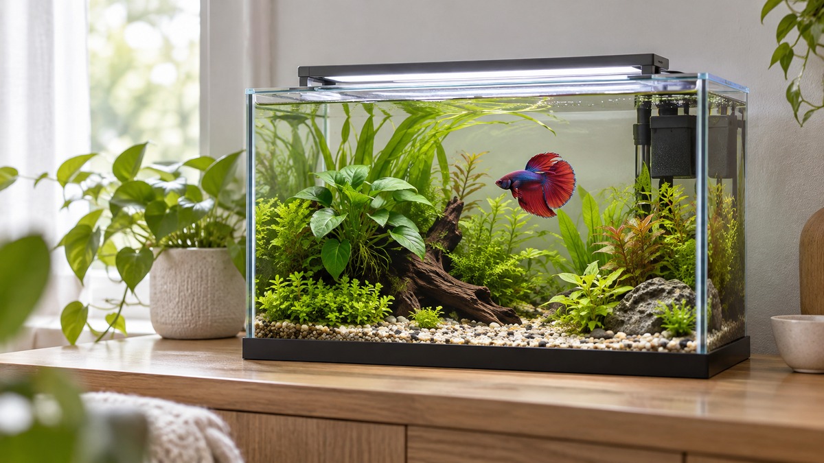A low-profile generic LED light bar casts a soft white daytime glow over a small planted betta aquarium.