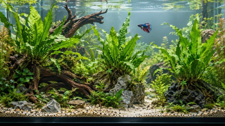 A betta fish swims above Java ferns attached to rocks and driftwood in a planted aquarium.