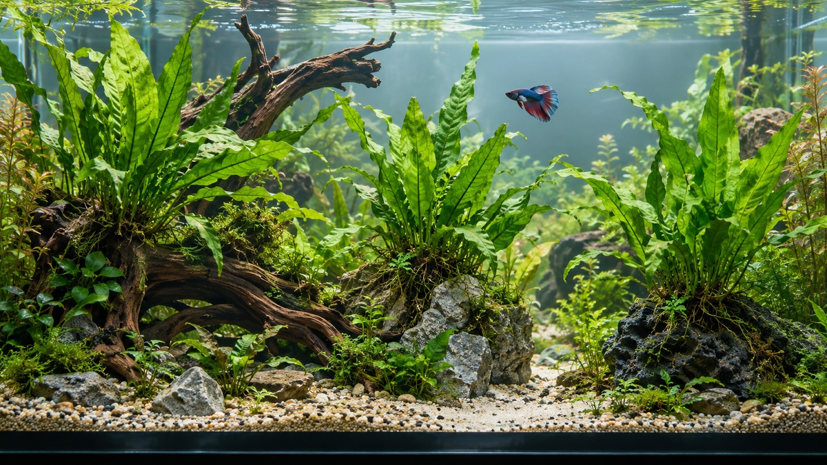 A betta fish swims above Java ferns attached to rocks and driftwood in a planted aquarium.