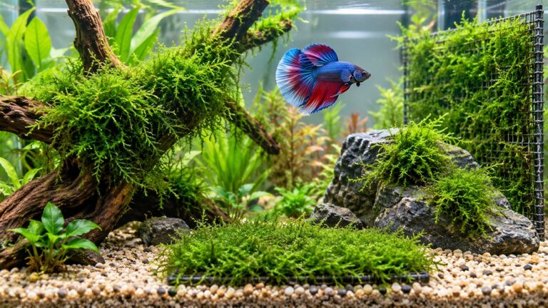 A betta swims among lush java moss attached to wood, stone, and mesh.