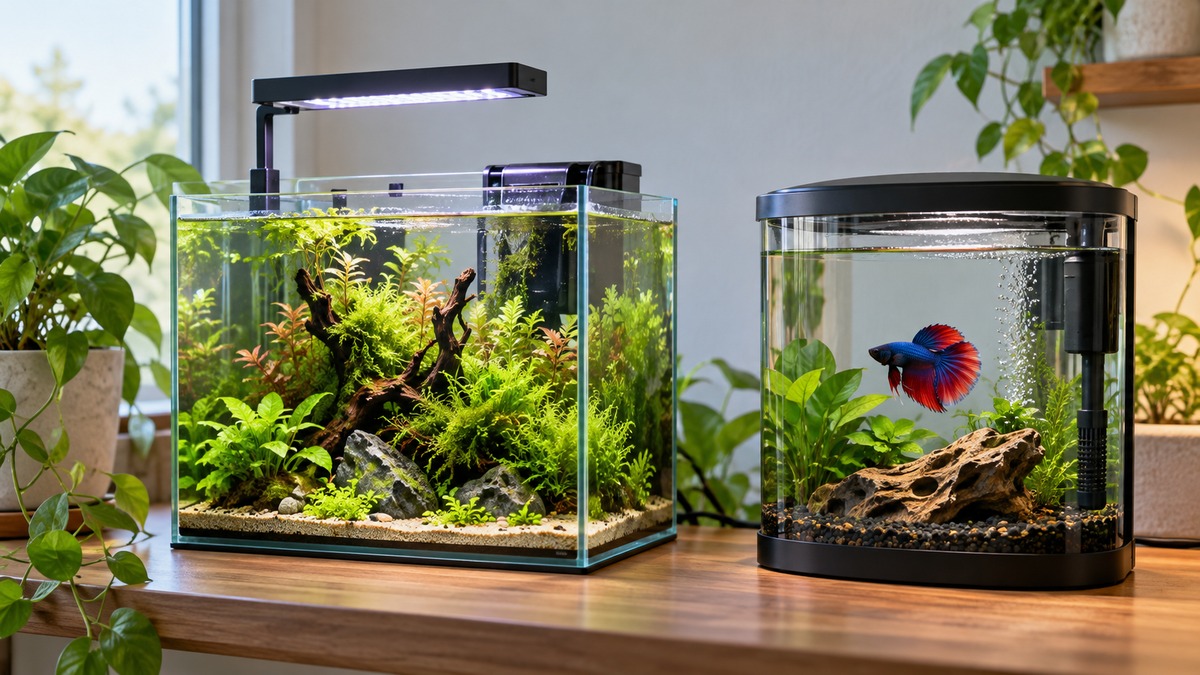 A low-profile generic LED light glows above a planted nano aquarium beside a five-gallon betta tank.