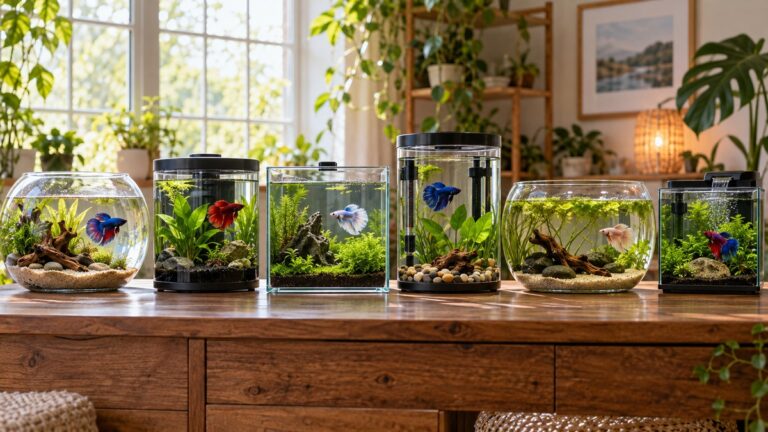 Safe betta bowl and small aquarium setups displayed with plants and gentle filtration.