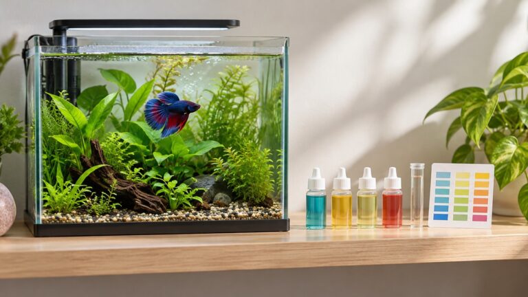 A small freshwater betta tank with live plants beside a test kit, its color card and a clean test tube on a light wooden shelf.