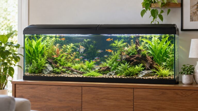 A long rectangular aquarium with two plain closed LED hoods glowing above it is viewed from the front in daylight.