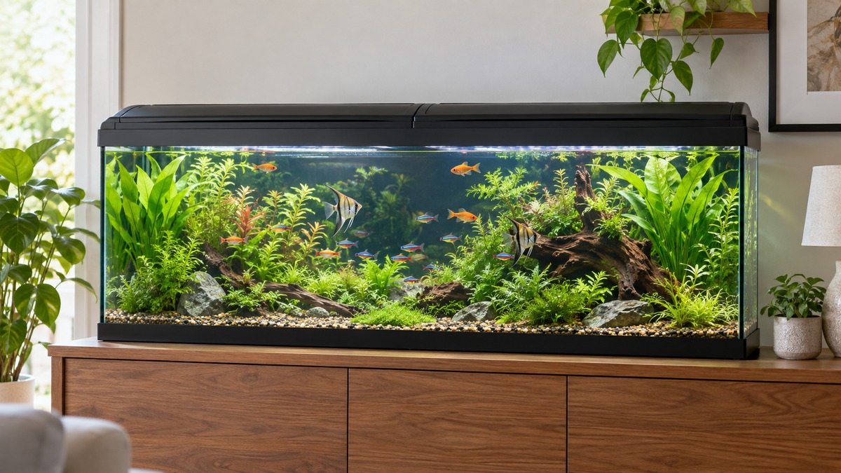 A long rectangular aquarium with two plain closed LED hoods glowing above it is viewed from the front in daylight.