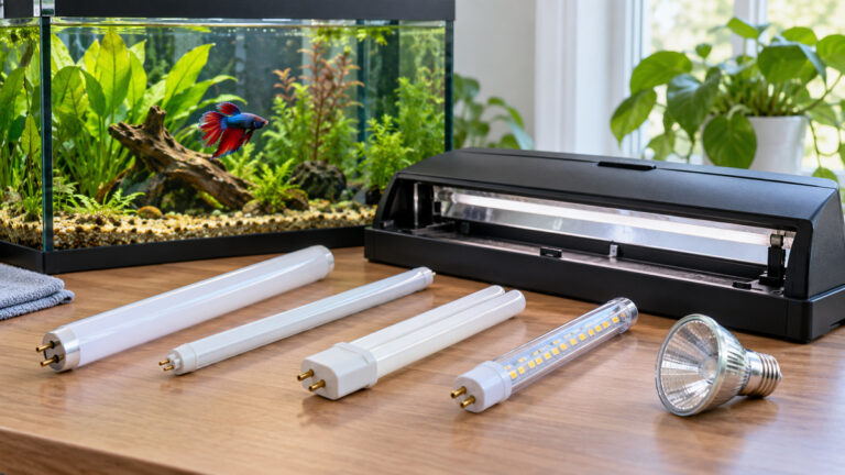 Several aquarium hood light bulb styles arranged beside a bright betta fish tank.