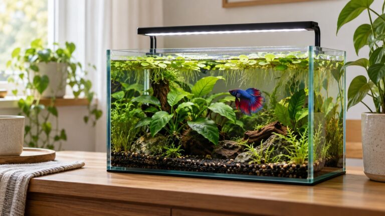 A small planted betta aquarium glows under a soft full-spectrum light, with broad-leaf and floating plants.