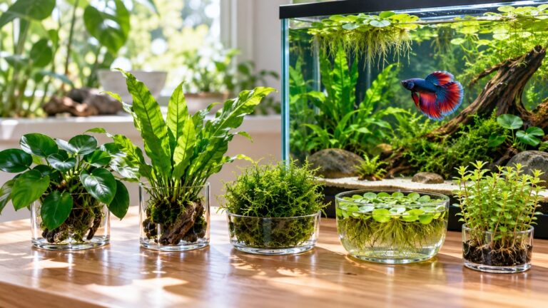 Five varieties of live aquatic plants are arranged beside a lush planted betta aquarium.