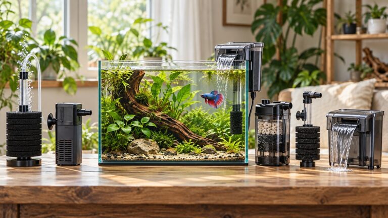 Low-flow aquarium filter options compared around a serene planted betta tank.