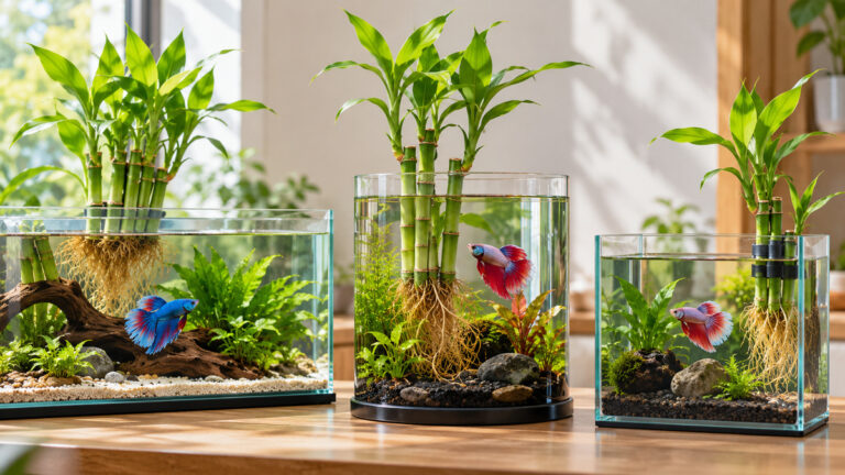 Three bright betta aquariums showing lucky bamboo arranged with leaves above the water.