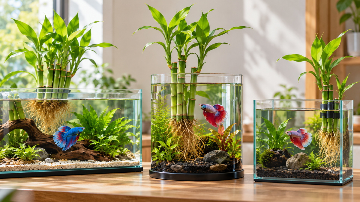 Three bright betta aquariums showing lucky bamboo arranged with leaves above the water.