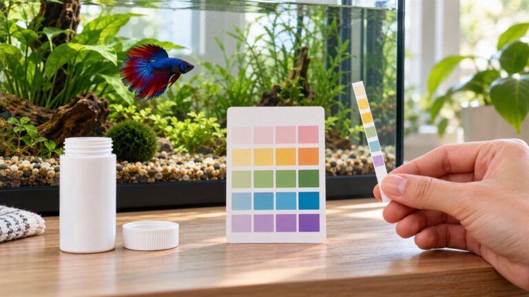 A betta tank with a test strip held beside a color chart in soft daylight, with the bottle cap resting open on a desk.