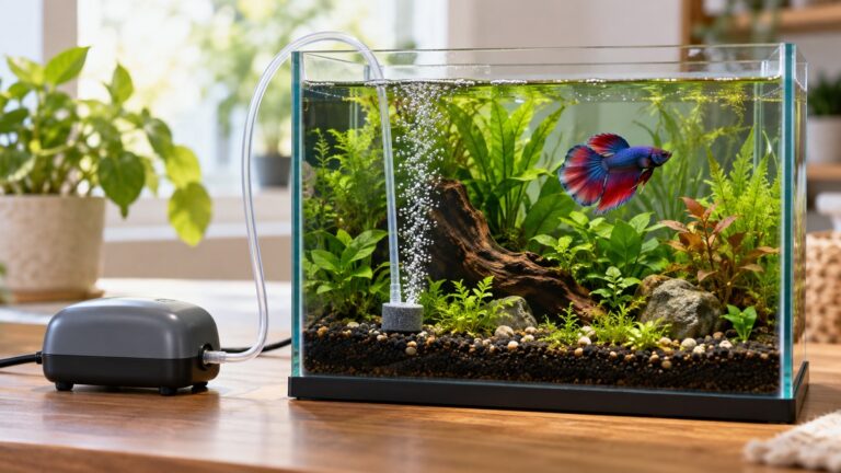A compact unbranded aquarium air pump sits beside a planted betta tank with a gentle stream of bubbles.