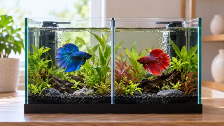 A divided glass aquarium shows two bettas in fully separate planted compartments with gentle filter flow.