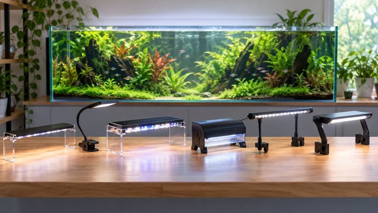 Six unbranded LED aquarium light styles displayed before a planted freshwater tank.