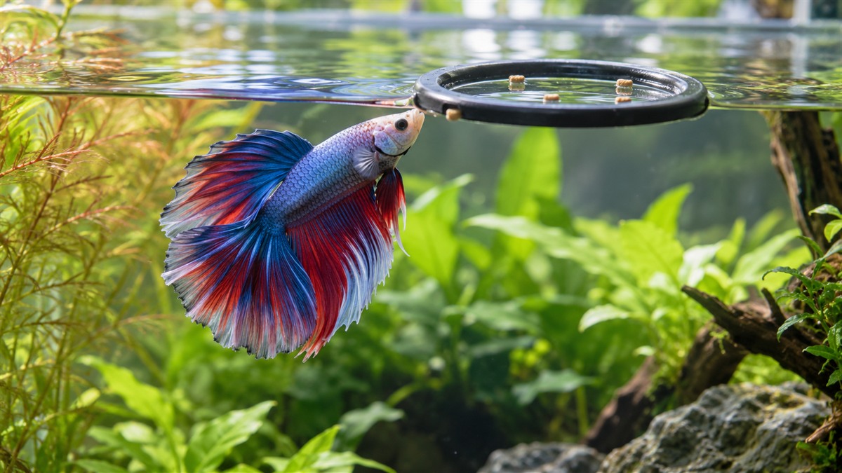 A betta near the surface beside a round floating feeding ring holding a few pellets, soft daylight.