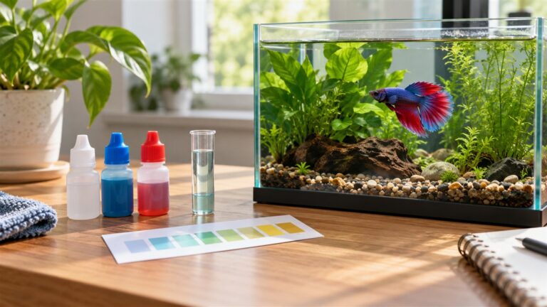 A small desk beside a betta tank with a phosphate test kit box and a printed color chart, in soft daylight.