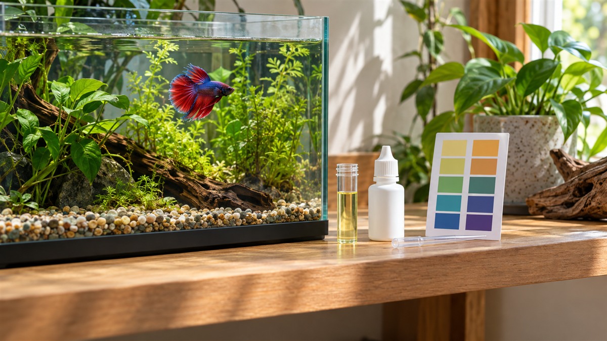 A clean betta tank with a small test kit, its color chart and a dropper set on a wooden shelf in soft daylight.
