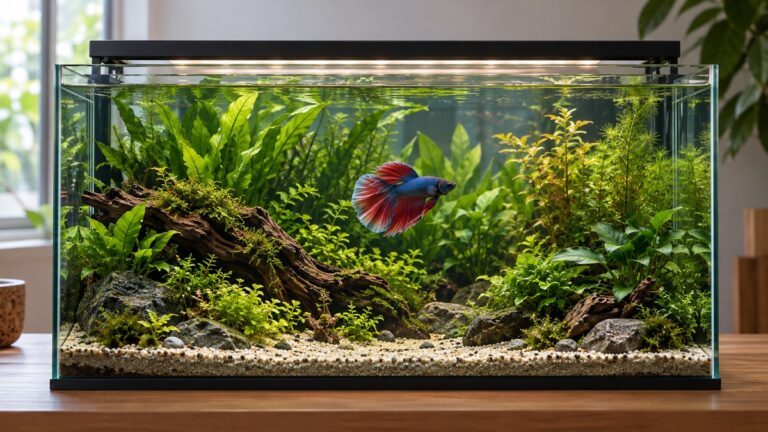 A clear glass tank with a dim LED hood, green plants along the back and a betta resting near the middle.