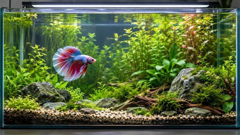 A planted glass tank with a soft LED light across the top, live green stems along the back and a betta near the front.