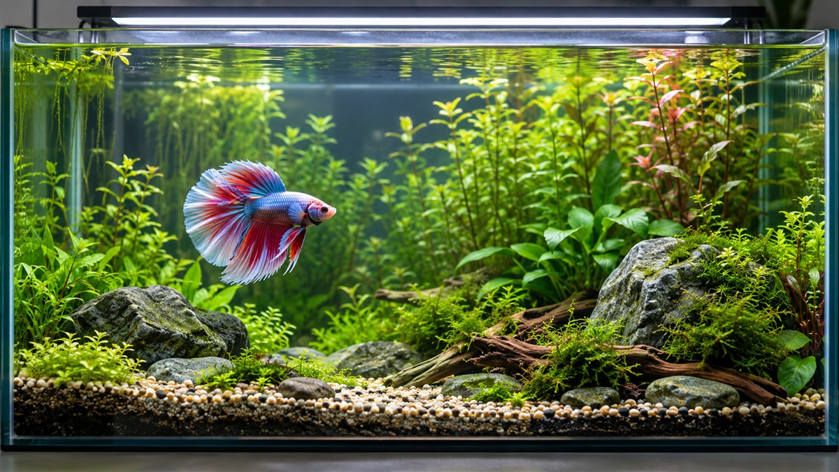 A planted glass tank with a soft LED light across the top, live green stems along the back and a betta near the front.
