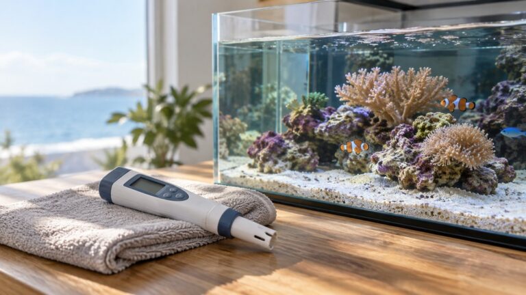 A handheld salinity meter resting beside a clear saltwater tank under soft daylight, shot at eye level.
