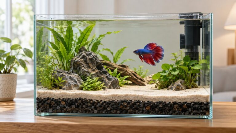 A clear aquarium displays a neat pale sand cap over darker gravel along the visible substrate edge.