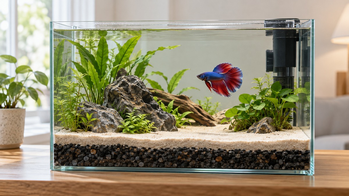 A clear aquarium displays a neat pale sand cap over darker gravel along the visible substrate edge.