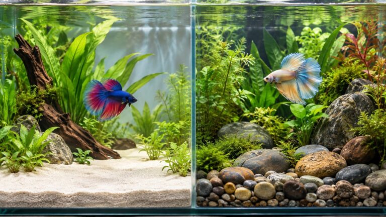 Betta aquarium comparing fine sand and smooth rock substrates.