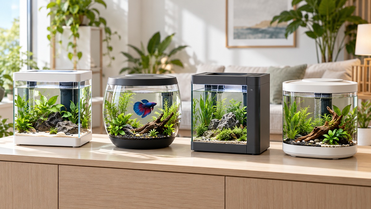 Four compact filtered betta aquarium designs are compared in a bright living room.