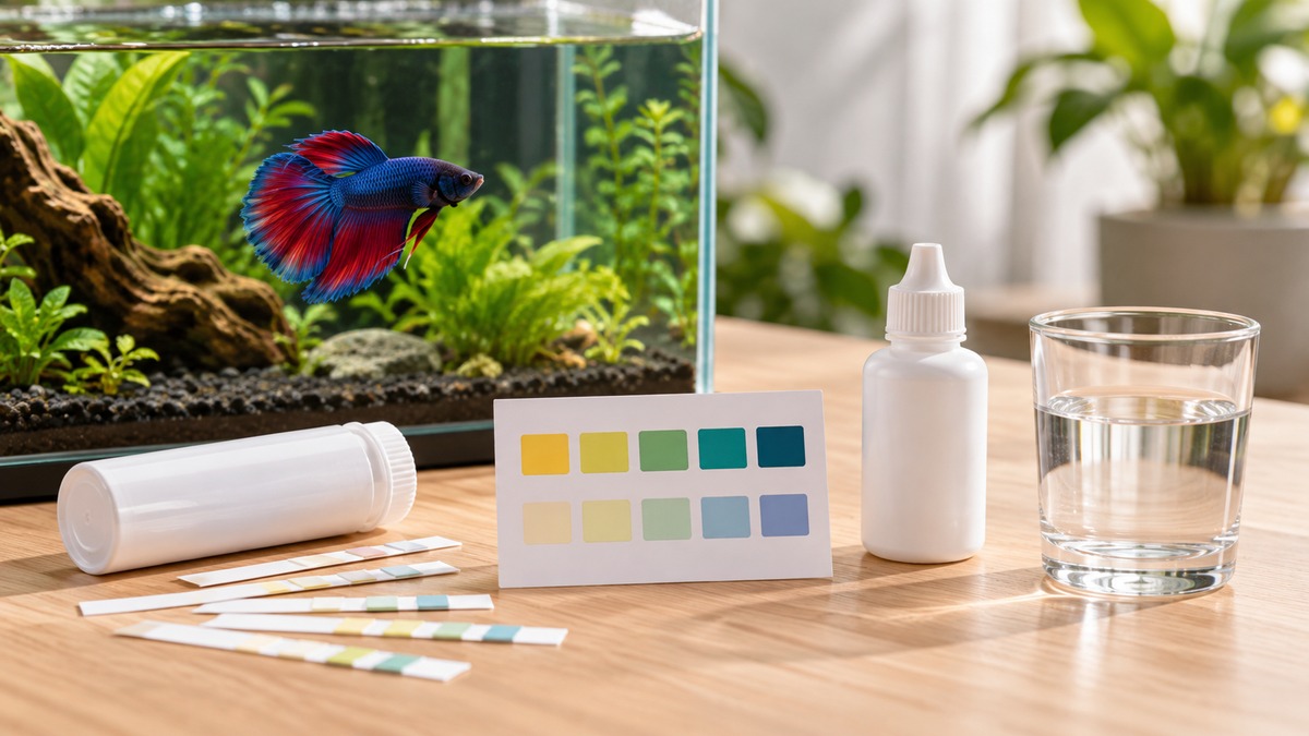A small betta tank beside a pH test strip and its color chart, with a dropper bottle and a clean glass on a light wooden desk.