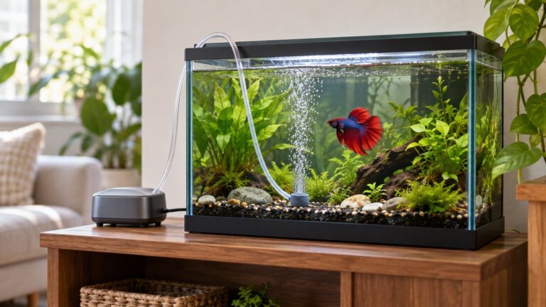 A small generic air pump sits beside a betta tank, with tubing running over the rim to a bubbling air stone.