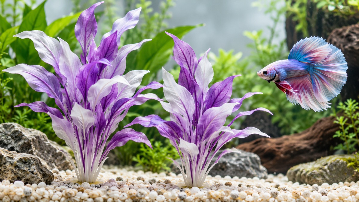 Two purple and white silk plants standing on pale gravel in a clear tank, with a betta drifting past them.