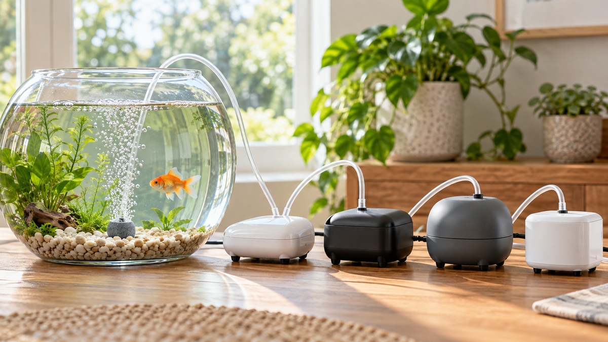 Small aquarium air pumps arranged beside a bubbling fish bowl.