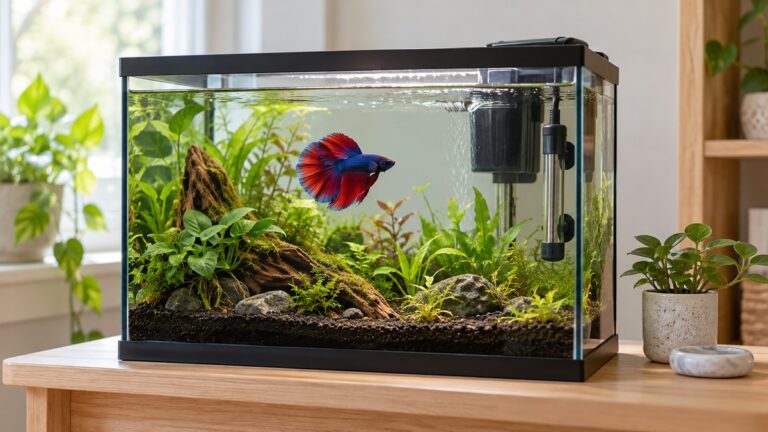 A compact submersible heater is suction-cupped inside a small betta tank near gentle filter flow.