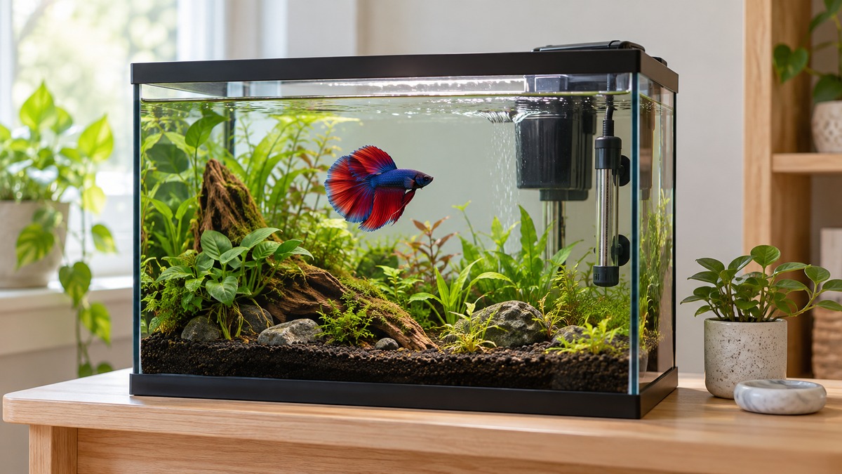 A compact submersible heater is suction-cupped inside a small betta tank near gentle filter flow.