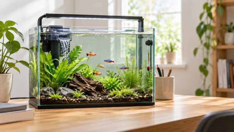 A small glass tropical-fish aquarium with a gentle filter, soft light, and plain thermometer sits on a desk.