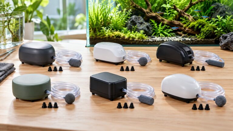 Six compact unbranded aquarium air pumps with tubing and air stones beside a planted tank.